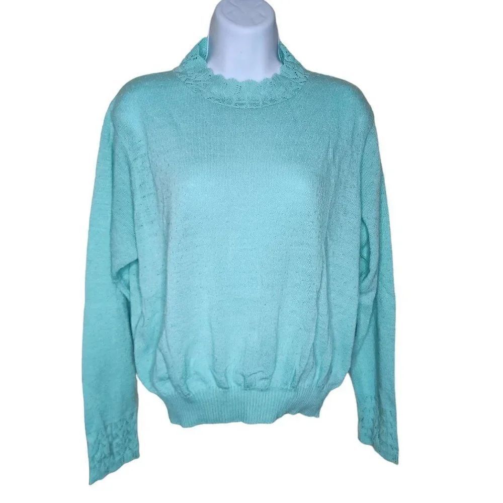 Vintage 1980s Pullover Sweater Size M Mint Green Open Knit Pinup Preppie Academi